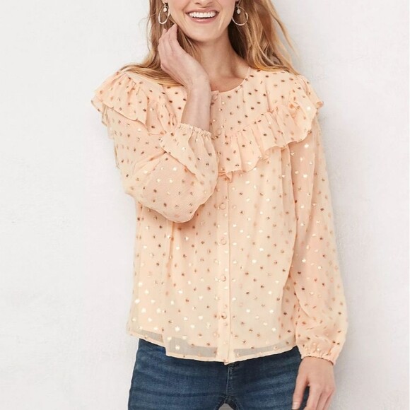 Lauren Conrad Size XL Pink and Shimmer Gold Ruffle Shoulder Long Sleeve Blouse - Picture 1 of 9